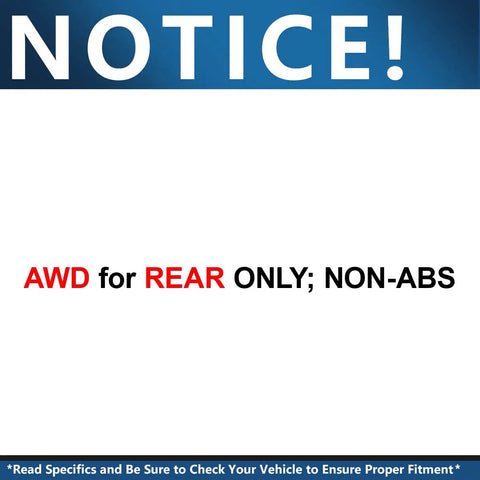 Notice sign indicating AWD for rear only, non-ABS compatibility for vehicle hub assembly fitment.