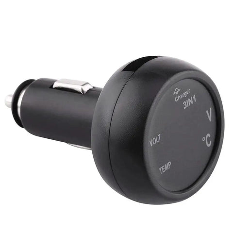 Side view of 3 In 1 Car Voltmeter With Dual LED Display USB Charger And Temperature Monitor, black cylindrical design.