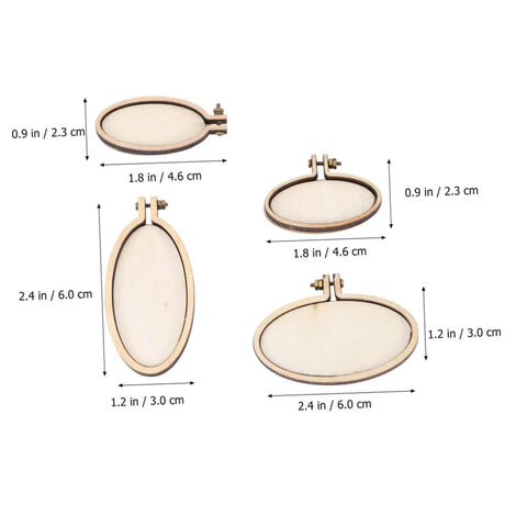 Five Piece Mini Wood Embroidery Hoops Set With Screws For Cross Stitch And DIY Needlework in assorted shapes with dimensions.