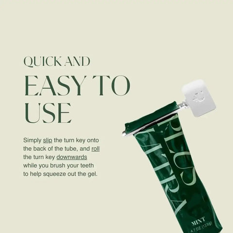 Turn Key Metal Tube Squeezer for toothpaste shown attached to a green tube, demonstrating easy use with white background text.
