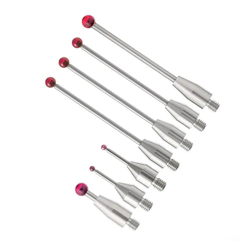 Image of a CMM Test Touch Probe Stylus With Threaded Shank For CNC Measurement Machines Lightweight Carbide Rod Delivers Stable Readings Across Temperature Change Anti Collision Protection Pro Grade Inspection Tool A5003 Series showing various sizes with red tips and threaded ends.