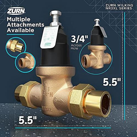 Brass 3/4 in Zurn Wilkins NR3XL pressure reducing valve with integral by-pass, check valve, strainer, double union.