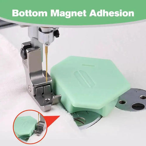 Upgraded Magnetic Seam Guide For Sewing Machines With Polygonal Design attached to machine bed for edge alignment