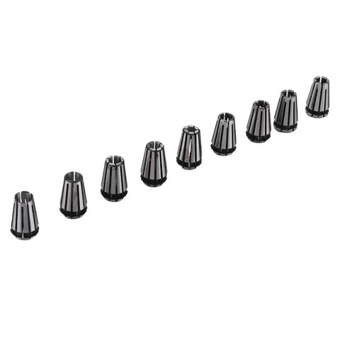 ER8 Collet Chuck Set 9 Piece for CNC Engraving Machines and Milling Lathes Pro Grade Tool Holder Kit arranged in a line