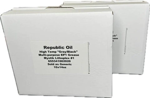 Front view of Premium High Temp Gray And Black Number One Lithium Complex Grease Pack Twenty 14 Ounce Tubes In Two Boxes.