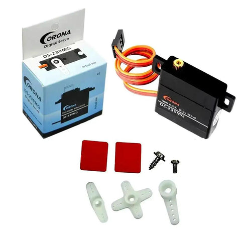 Two Pack DS239MG Digital Servo Motor With Metal Gear for RC gliders, fixed-wing planes, 4.6kg/cm torque, 22g; box and accessories displayed