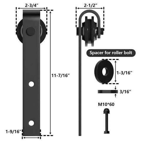 Sliding Barn Door Hardware Roller Set Black With J Shape Hangers Carbon Steel Powder Coated For Heavy Duty Use 265 Lb Capacity
