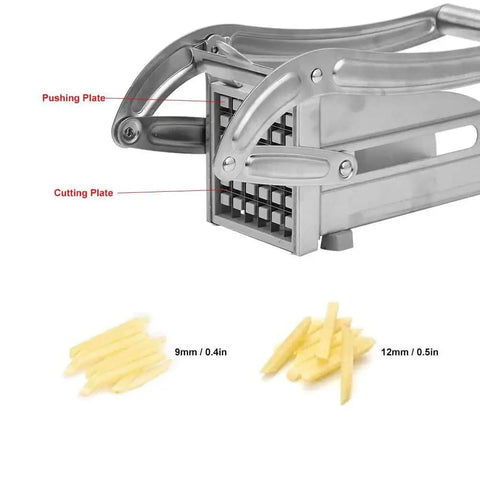 Restaurant Grade French Fries Cutter With Stainless Steel Blades Manual Vegetable Slicer For Potatoes Carrots Cucumbers And Chips Suction Feet For Stable Kitchen Use Ergonomic Safety Handle Food Service Tool, showing cutting mechanism.