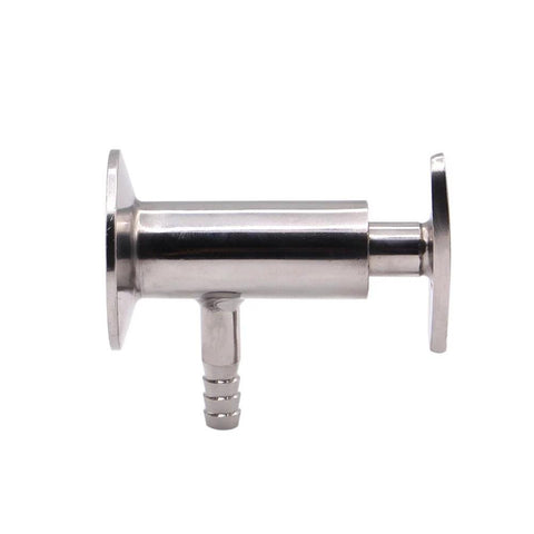 Stainless steel sanitary sample valve with 1.5in tri-clamp ferrule ends and bottom hose barb.