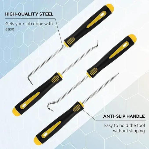 4 Piece Precision Pick And Hook Set Heavy Duty Tools With Non Slip Handles For Automotive O Ring Seal And Gasket Removal