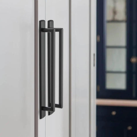 Modern Matte Black Cabinet Pull Handle With Backplate Featuring Grooved Texture And Non Slip Grip For Farmhouse And Industrial Kitchen Cabinets Goo Ki Two Pack Seven And Nine Sixteenths Inch installed on cabinet door