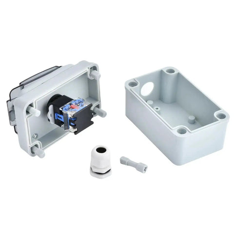 Emergency Stop Button Box 660V 10A Waterproof Outdoor Safety Switch For Industrial Use with IP67 weatherproof case, disassembled view.
