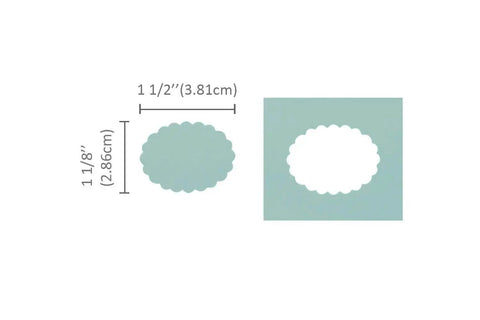 1.5 Inch Scalloped Ellipse Craft Punch cuts 1.5 x 1.125 inch shapes for scrapbooking and DIY card projects, lever action, compact size.