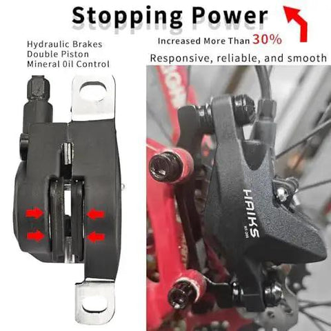 HAIKS MT200 hydraulic disc brake set; front close-up and installed view on mountain bike.