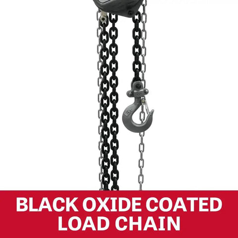 Front view: Jet 1-ton hand chain hoist with 20 ft lift and black oxide coated load chain