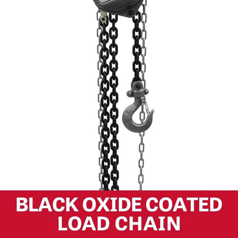 3 Ton Hand Chain Hoist With 15 Ft Lift, Industrial Grade Wire Rope Hoist showing black oxide coated load chain and alloy hook.