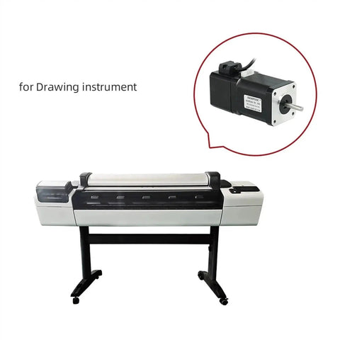 Front view of a white 3D engraving machine on a wheeled black stand; inset shows a NEMA17 brake stepper motor.