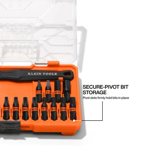 Slim Micro-Ratchet ProFlex Impact Driver Bit Set for Tight Spots, 20-Piece S2 Steel With Magnetic Bit Holder, open in orange case.
