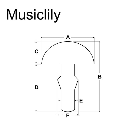 Diagram showing dimensions of a Musiclily product, labeled A to F, for precise specifications.