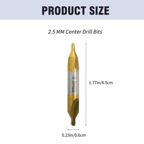 2.5mm Center Drill Set for Metal Fabrication, 10 Pc M2 HSS TiN Coated single drill bit side view with dimensions