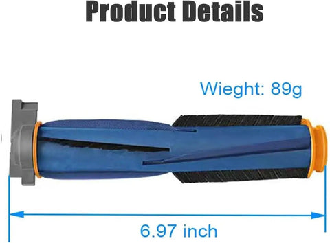 Side view: Replacement roller brush for Shark AI robot vacuum; blue cylindrical brush with black bristles and orange ends