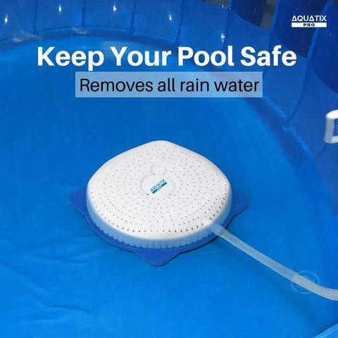 Aquatix Pro Pool Cover Drainer Kit with 16 ft hose for above ground pools, showing siphon system preventing water buildup