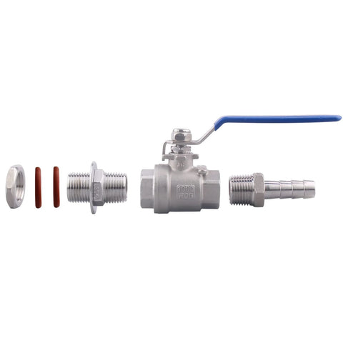 DERNORD 1/2 in stainless steel ball valve weldless bulkhead kit with blue lever and hose barb fittings