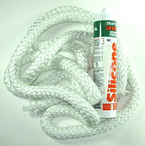 Central Boiler outdoor wood furnace door seal kit: 2-piece set with white 10 ft braided fiberglass rope and silicone adhesive tube.