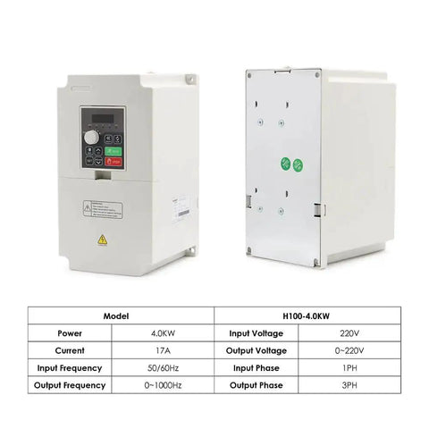 Front and side view of 4 KW 220V Inverter VFD Variable Frequency Drive H100 Model with product specifications table.