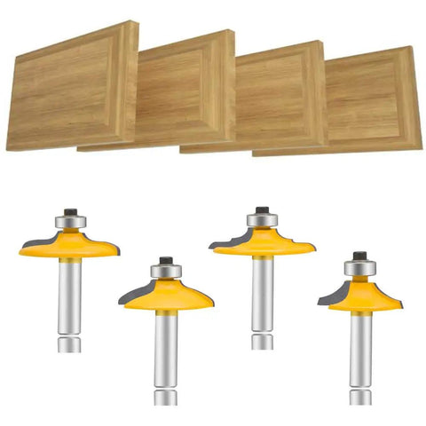 Four Piece One Quarter Inch Shank Router Bit Set For Door And Drawer Front Edging, Killer Ogee Bits, Thumbnail Bit, Round Over Bit, Carbide CNC Milling Cutters For Woodworking Grooving And Cabinet Making with wooden panel samples