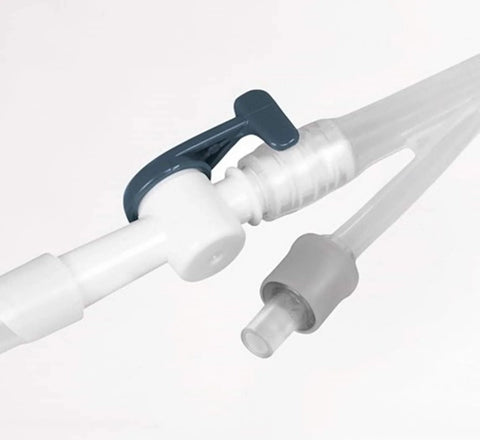 Lifevv catheter valve with blue lever tap on white catheter and clear tubing