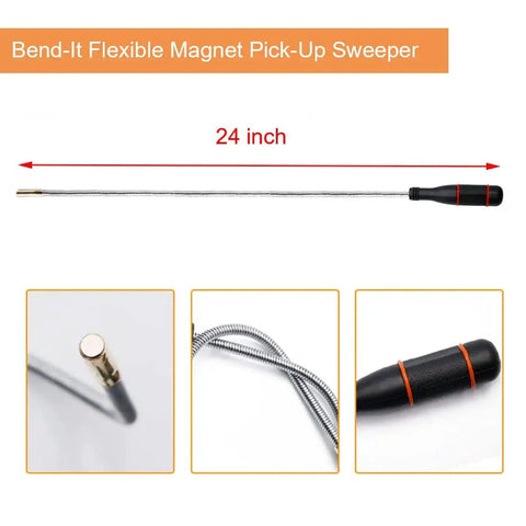 24-inch flexible magnet tool from the Three Pack Telescoping Magnetic Pickup Tool Set With A 15 Lb Magnet Reach From 7.2 To 30.7 Inches Plus An Extendable 1 Lb Magnet From 4.5 To 19.5 Inches And A 24 Inch Flexible Bendable Magnet Sweep Retriever For Easy Hidden Object Retrieval