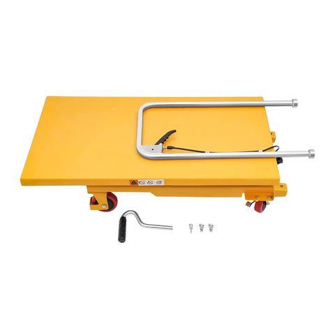 Side view of yellow hydraulic lift table pallet truck with four wheels; includes wrench and screws.