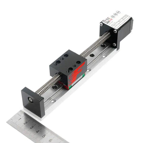 Mini Linear Rail Slide Guide For CNC Motion Table With Nema 14 Stepper Motor, 50 To 300mm Stroke, 0.02mm Repeatability, ruler shown