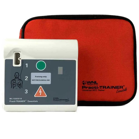 Practi Trainer Essentials AED Training Kit with reusable adult and child pads, WNL Products, shown with red carrying case