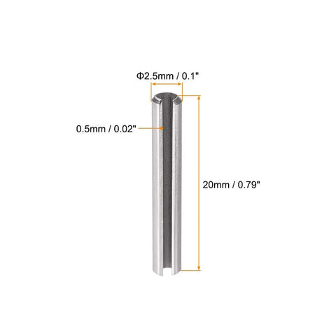 Slotted Spring Pin M2.5 x 20mm, 304 Stainless Steel Split Roll Dowel Pin, Plain Finish, with dimensions