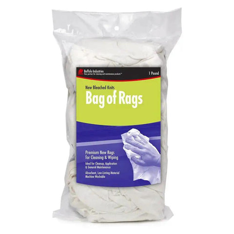 Image of a 1 lb bag of white bleached knit rags for all purpose wiping cleaning and polishing, medium weight T-shirt material.