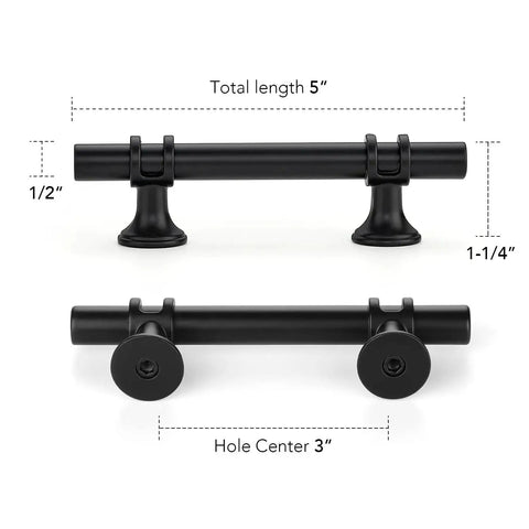 Black Cabinet Pulls 25 Pack, 3 Inch Hole Center, 5 Inch Total Length, 1/2 Inch Diameter, 1-1/4 Inch Projection, black steel handles