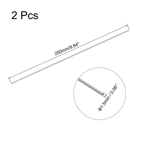 Two uxcell 304 stainless steel capillary tubes, diagonal view, OD 1.5mm, wall 0.2mm, 250mm length.