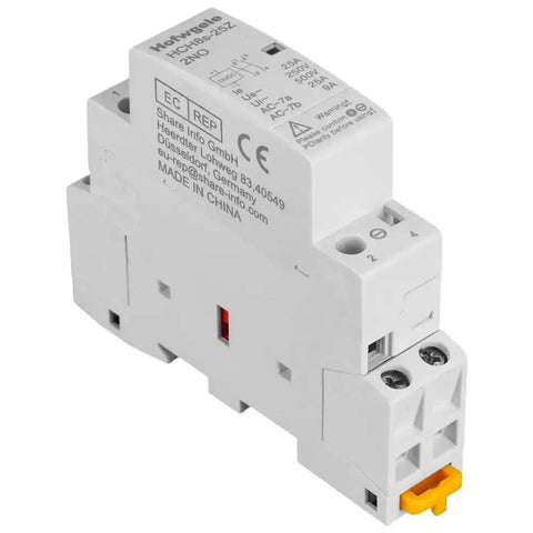 12V DC Contactor 25A 2 Pole With 2 NO Contacts DIN Rail Mount 35mm DIY Ready For Home Power Control, side view of the device.
