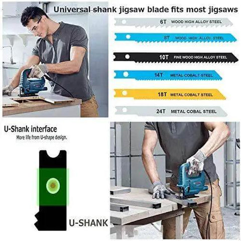 20 Piece Universal Jig Saw Blade Set With Tool Bag For Wood Plastic And Metal Cutting U Shank Compatible With Over 90 Percent Of Jigsaws From Bosch Makita Milwaukee Metabo And More displayed alongside user cutting wood with jigsaw