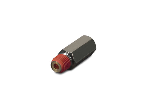 Viair 1/4 in F to 1/4 in M check valve, black nickel plated body with red threaded end