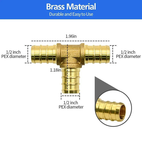 30 Piece Half Inch PEX Brass Crimp Fittings Set With Tees Elbows Couplings Straights For Hot Water And Cold Water Plumbing Systems Durable Corrosion Resistant Brass Build Quality Perfect For DIY Home Renovations And Professional Plumbing Projects showing a brass tee fitting with dimensions