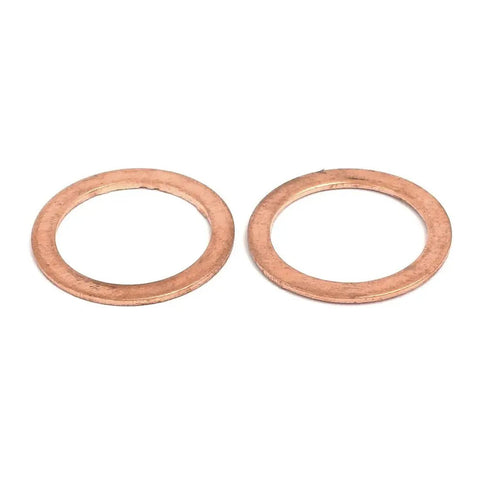 Two copper flat ring sealing washers from the 20 piece set, 18mm x 24mm x 1mm, ideal for plumbing and machinery applications.
