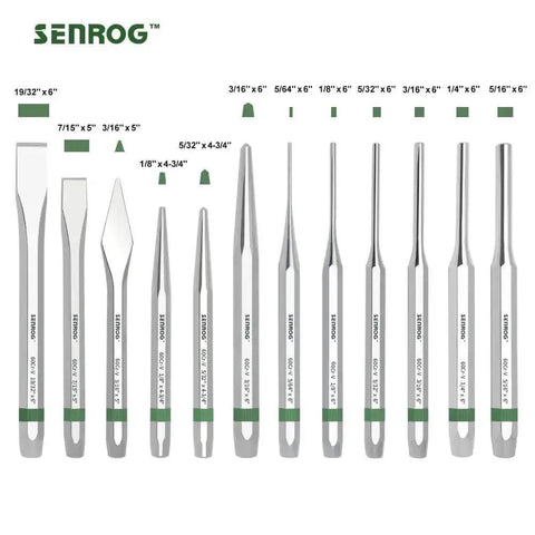 12 Piece Punch And Chisel Set With Carrying Case For Metalworking Including Flat Chisels Center Punches Pin Punches And Conical Punch Ideal For DIYers Hobbyists And Pro Shops In The Garage Or Home in steel with green accents.