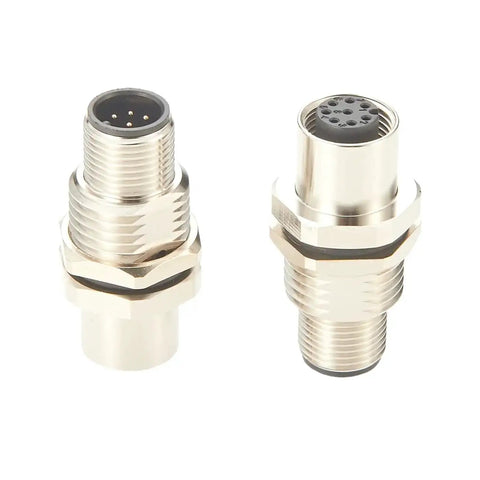 8 Pin M12 A Code Bulkhead Connector Male To Female IP67 Panel Mount Feedthrough shown with gold plated contacts and anti-vibration lock