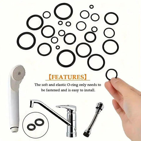 225 Piece O Ring Kit With 20 Size Rubber Seals for pipe valves and mechanical equipment shown with hand holding ring and plumbing parts
