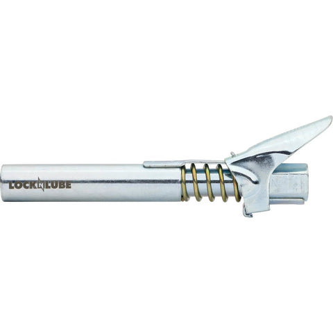 LockNLube XL grease gun coupler, chrome metal body with yellow spring and locking lever
