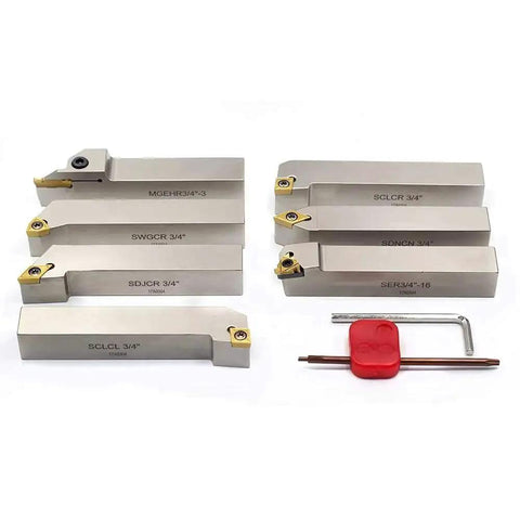 Seven Piece Three Quarter Inch Nickel Plated Indexable Lathe Tool Holder Set For Turning Grooving Threading And Cut Off Heavy Duty CNC Metal Lathe Tools With Tin Coated Carbide Inserts Includes SCLCR SCLCL SDJCR SDNCN SWGCR MGEHR SER Holders OSCARBIDE