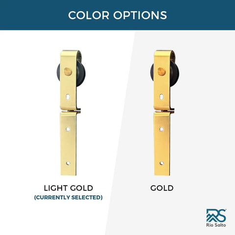 Color options for Gold Bi Fold Barn Door Hardware Kit With Heavy Duty Metal Track System And Matching Knobs, light gold and gold finishes.